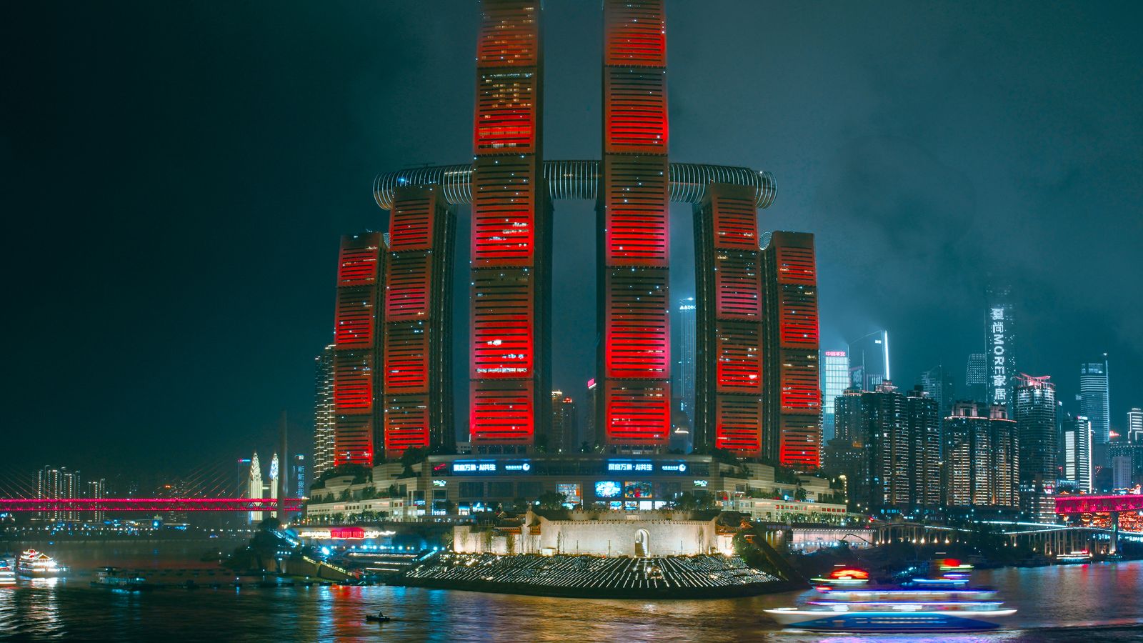 Neon-lit futuristic cityscape rendered in a concept-art style